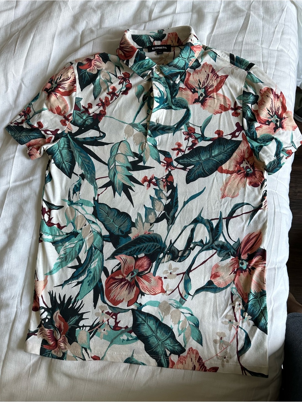 Express Floral Polo Shirt in Cream, Green, and Coral